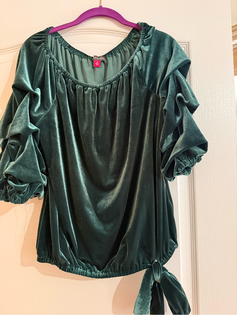 Vince Camuto Emerald Velvet Peasant Top with Tie